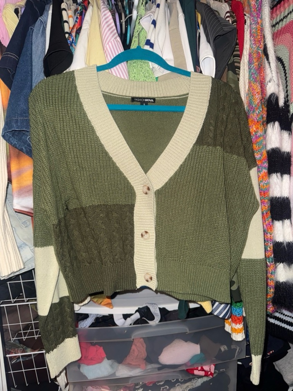 Fashion Nova Olive Green & Cream Block V-Neck Cardigan